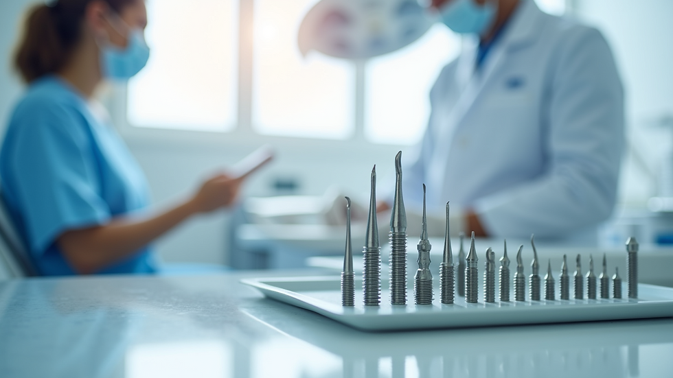 Eye-level view of dental implant surgical tools arranged on a tray