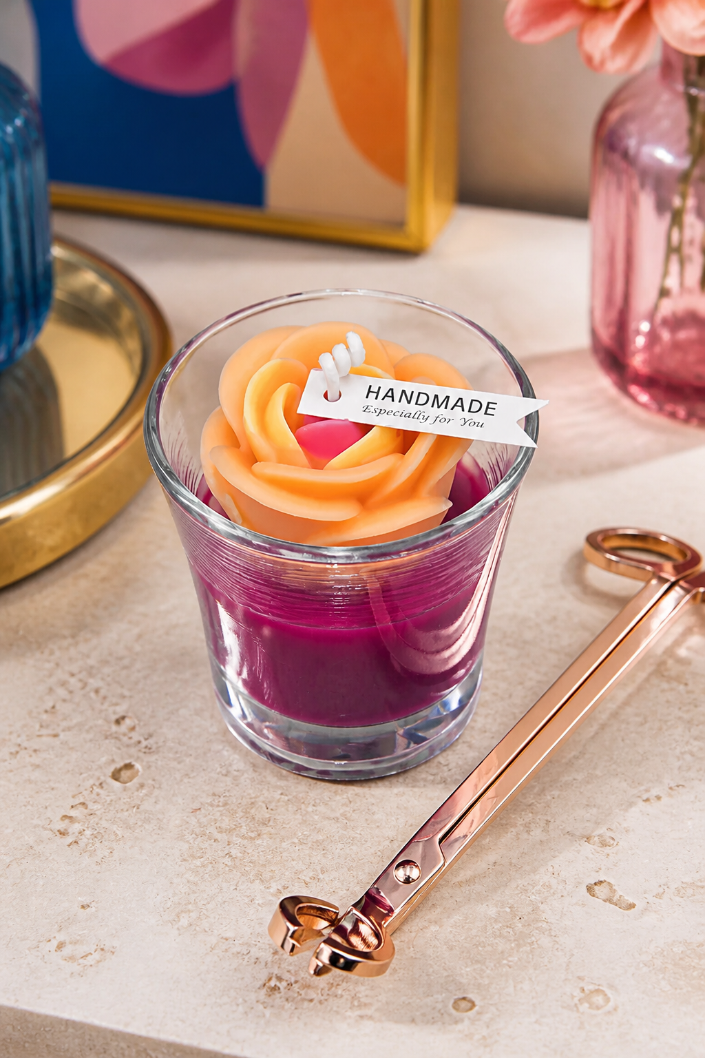 Summer Floral Container Candle 3 Tone Bright Sunrise Rose Magenta Base