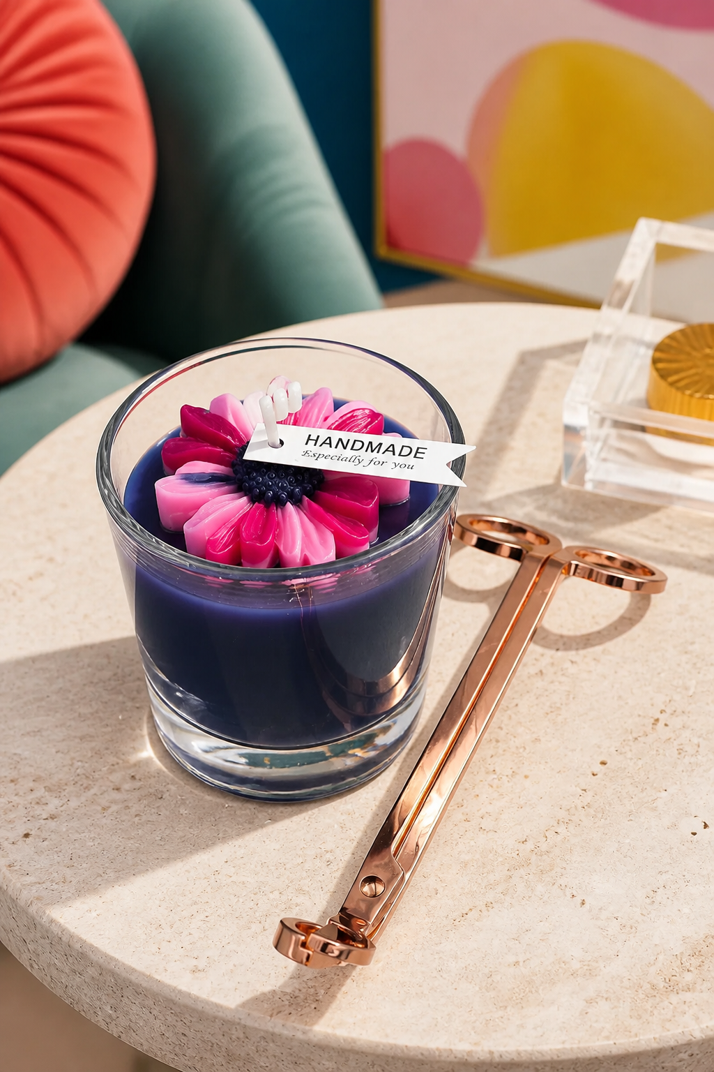 Summer Floral Container Candle 3 tone Magenta, Light Pink &  Deep Purple