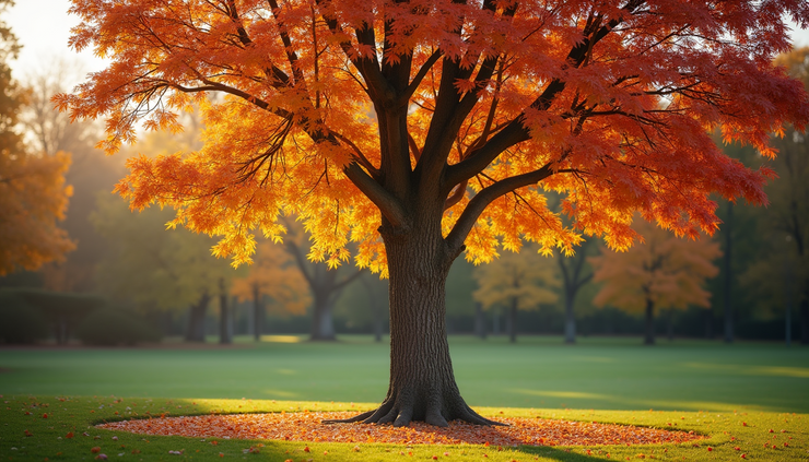Eye-level view of a tree transitioning from green leaves to autumn colors in a quiet park