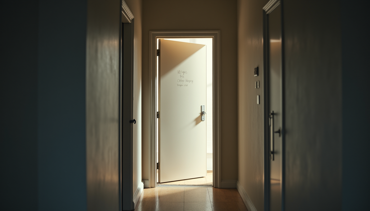 Eye-level view of a closed door with a small window showing a shadow inside