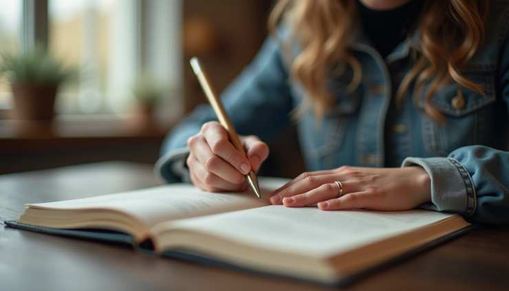 Eye-level view of a person writing in a journal with a calm background