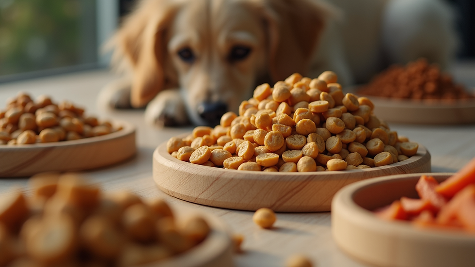 Close-up view of a variety of pet food options