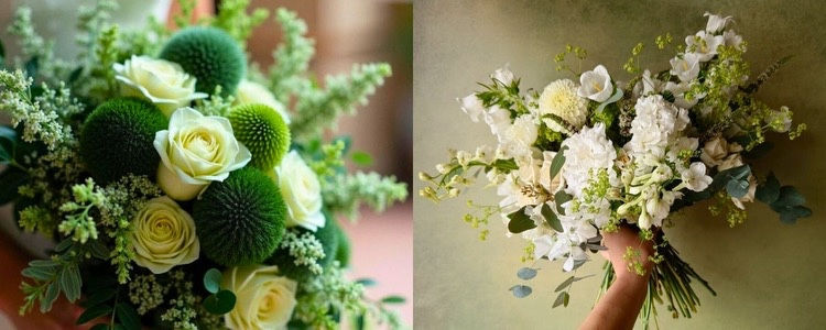 You see two photos, an AI generated bridal bouquet with green and white flowers to the left. To the right is pictured a green and white airy bridal bouquet