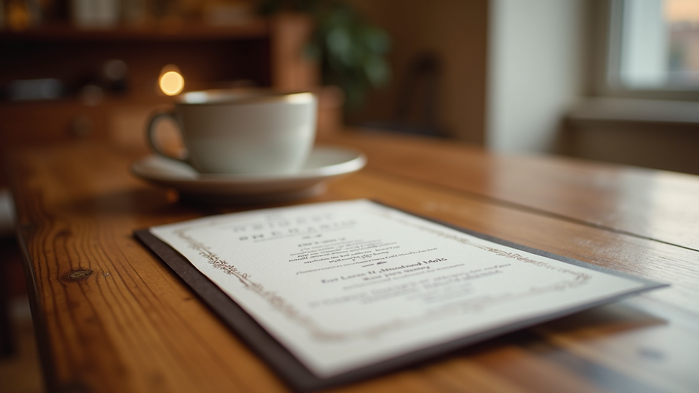Close-up view of a stylish, elegant invitation card on a polished wooden table
