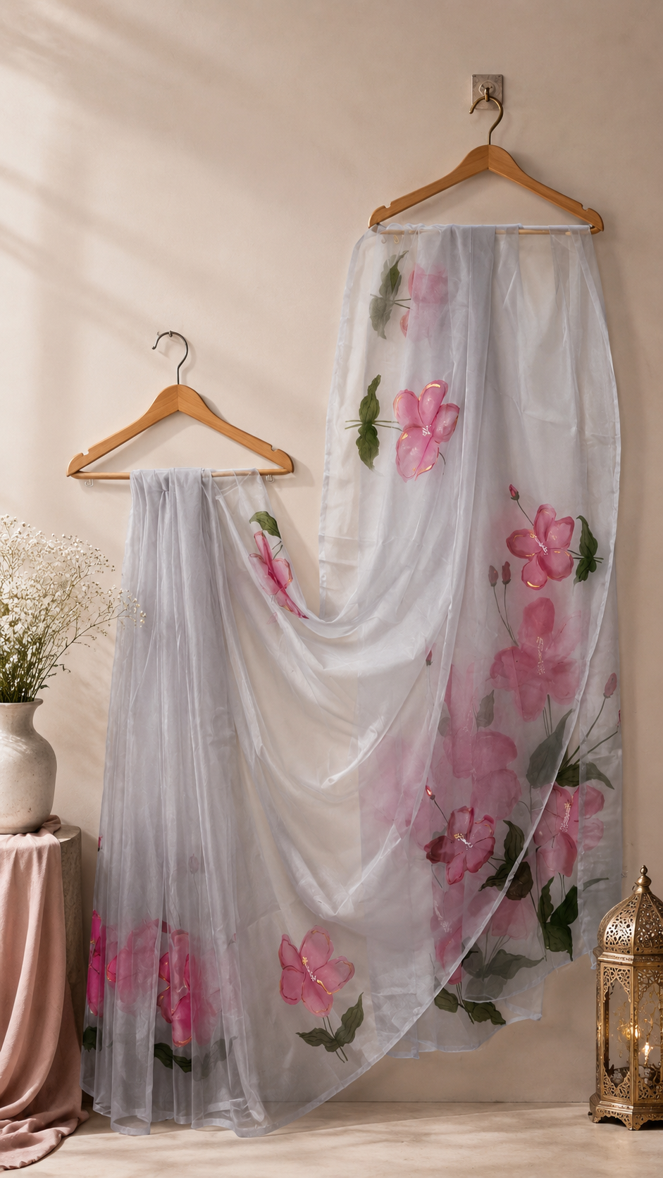 Light grey Silky Organza saree with pink hand-painted flowers