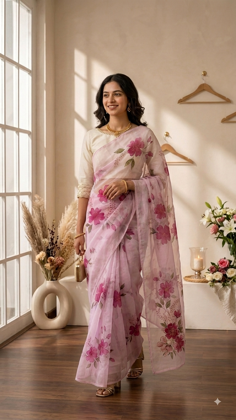 Thumbnail: Baby Pink Silky Organza saree with hand-painted flowers - SIC008