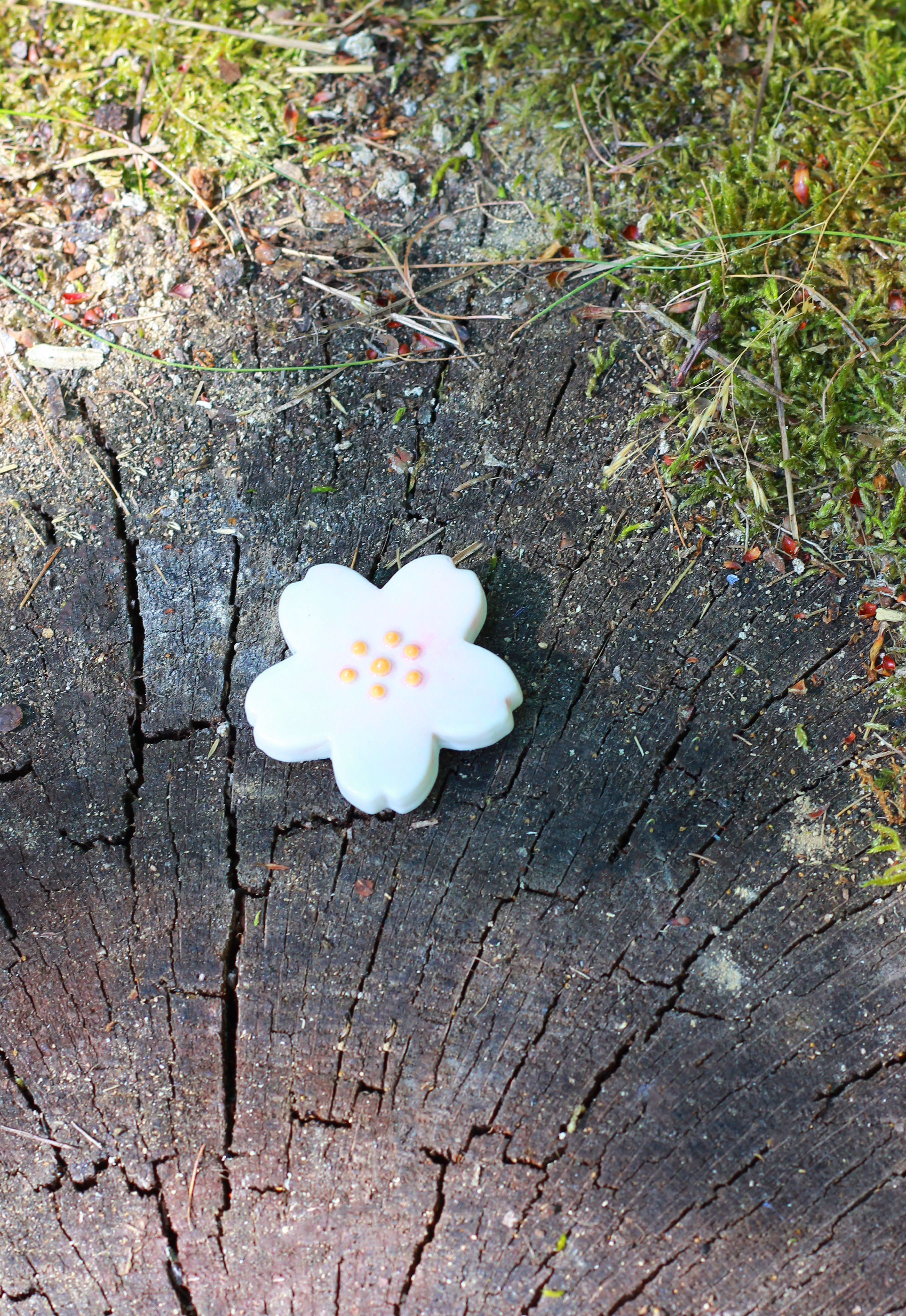 Magnet en porcelaine en forme de fleur de cerisier blanche et rose vu de dessus