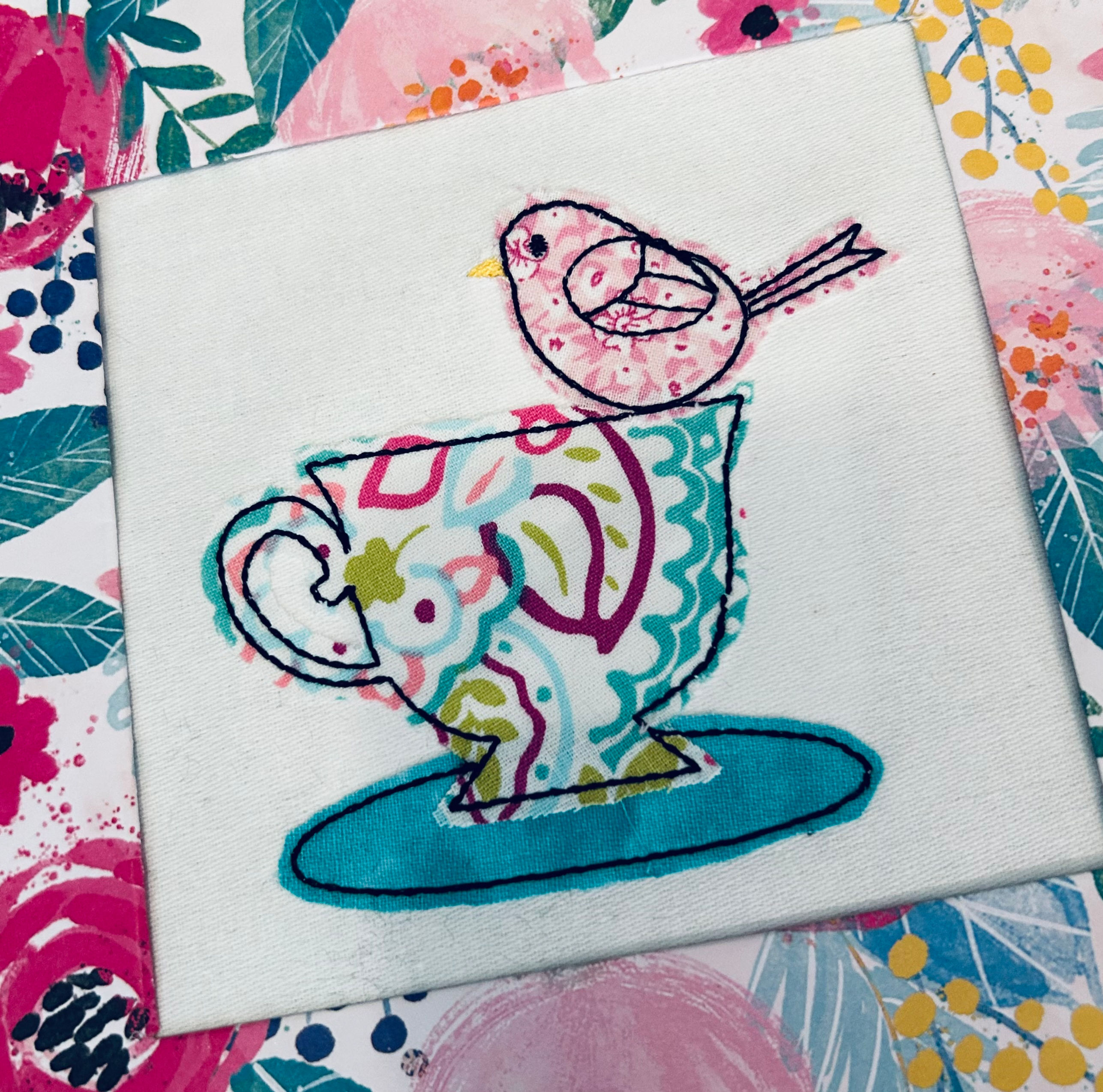 Teacup and Bird Bean stitch applique