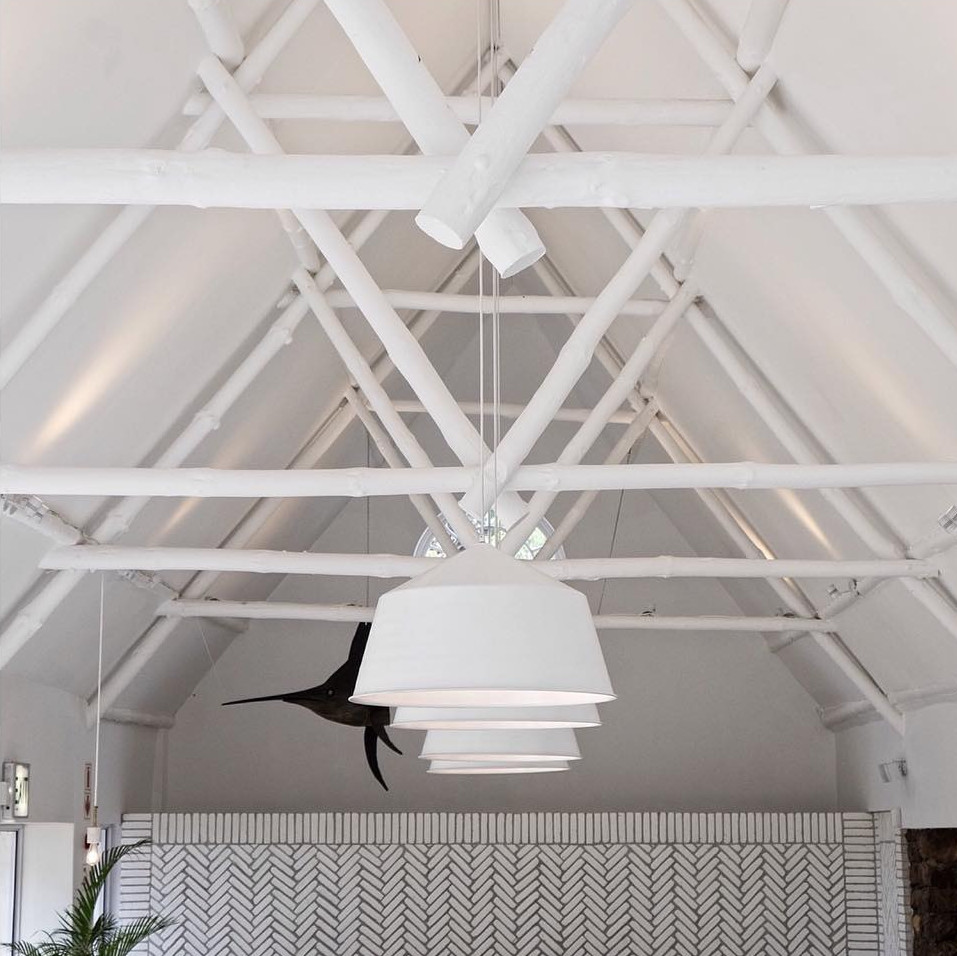 White vaulted ceiling with exposed beams, hanging modern pendant lights, and part of a mounted fish sculpture visible in the