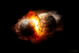 Twee planeten botsen fel met een vurige explosie in de ruimte.
