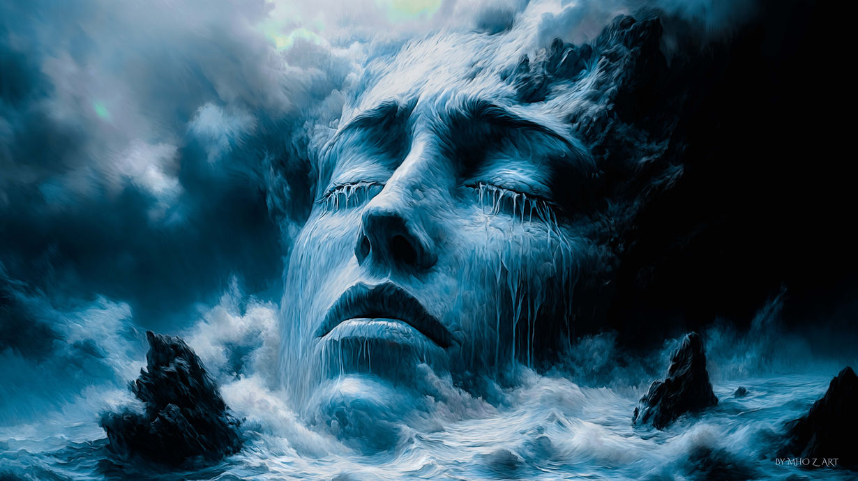 Groot huilend gezicht van water in een stormachtige donkere zee.