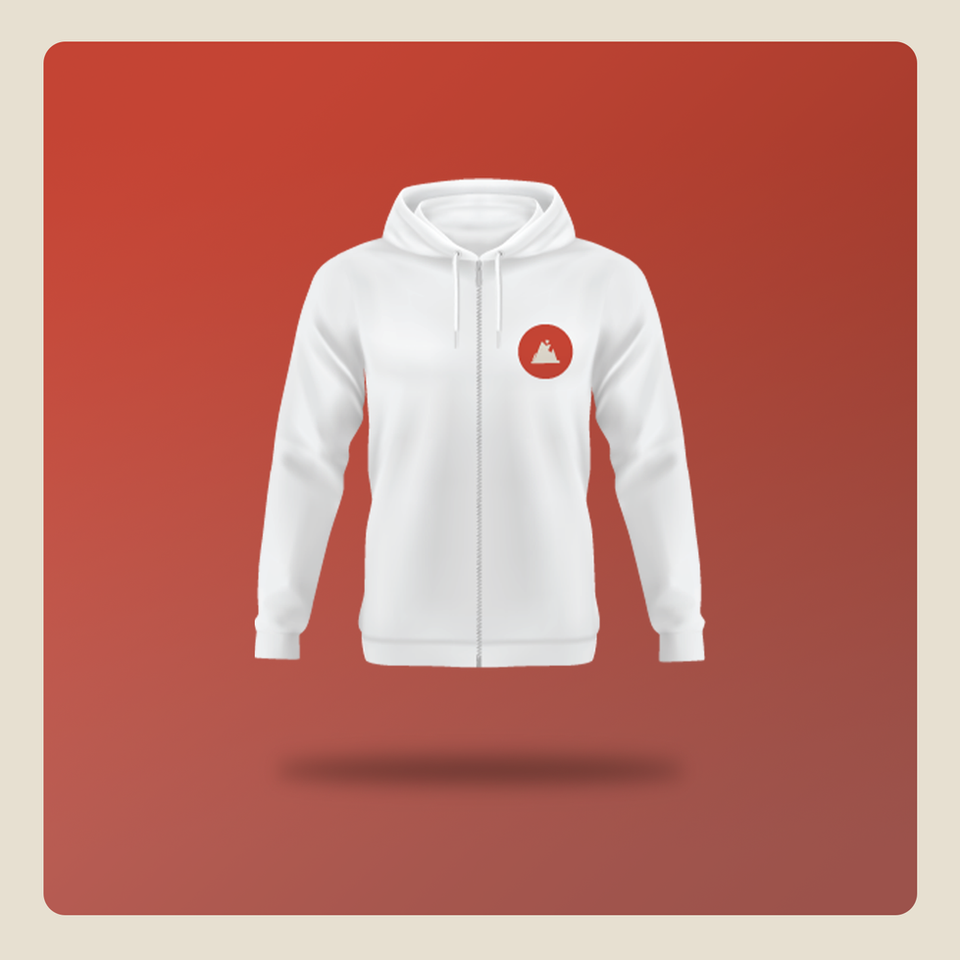 White MTNBlaze hoodie with simple chest logo design, created as classic branded apparel for staff and event use.