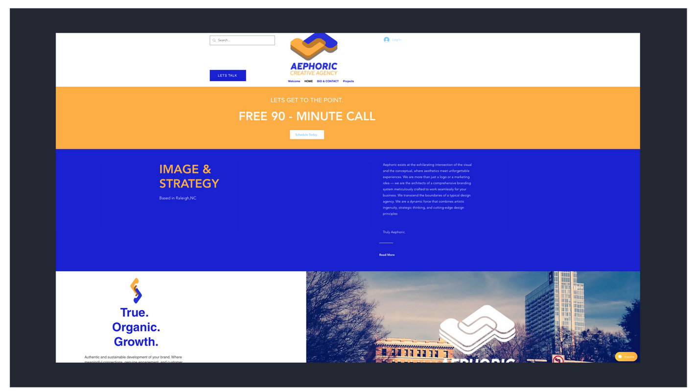Aephoric Creative website layout with blue, gold, and white branding elements, including logo design for a Raleigh-based creative studio.
