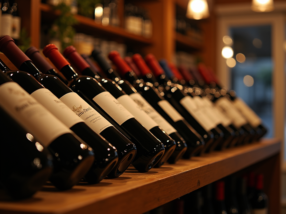A calm, inviting shot of wine bottles neatly arranged on a shelf in a cozy wine shop with 
