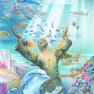 Color pencil drawing of "Christ of the Abyss" statue in John Pennekamp Coral Reef State Park, Florida