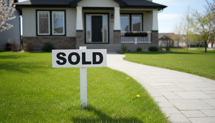 Close-up view of a sold sign beside a tidy front walkway