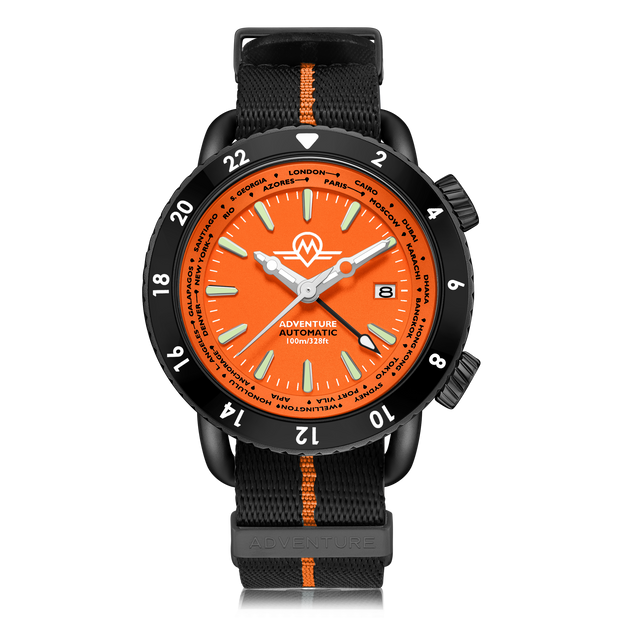 MONRO ADVENTURE is a multi-functional timepiece powered by the Seiko NH34A automatic GMT movement.
It allows you to tell the time in 24 locations around the world, go diving to 100m and change between its two straps straight out of the box. Available now in seven limited edition styles to accompany you on your own adventures.