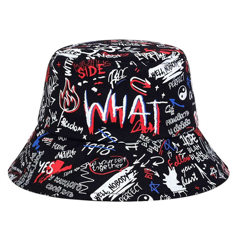 Thumbnail: 1 Men's "What" Graffiti-Style Bucket Hat - Streetwear Polyester, Hand-Washable, 