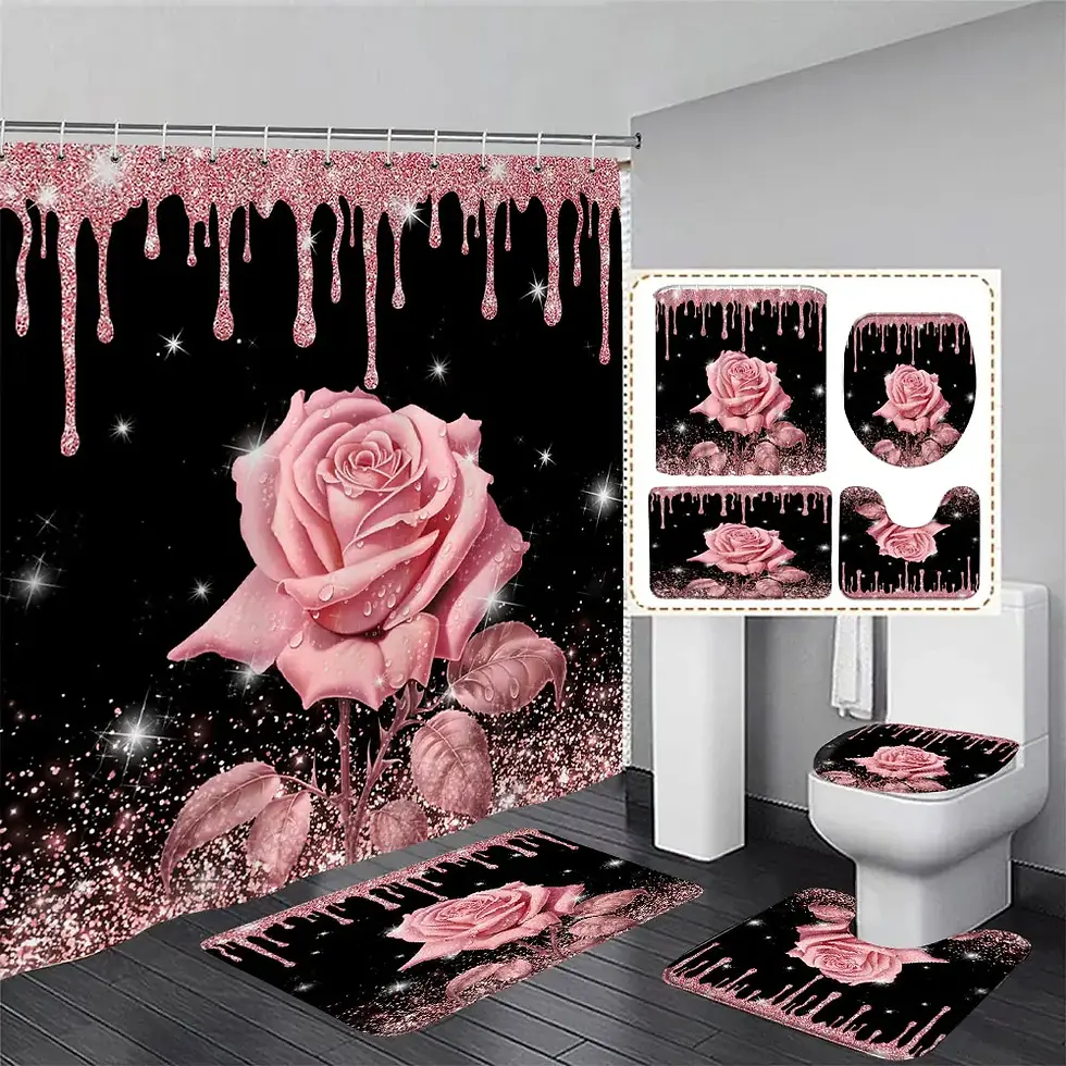 Pink Glitter Rose Shower Curtain and Rug Bathroom Set Floral Pink Glitter Shower