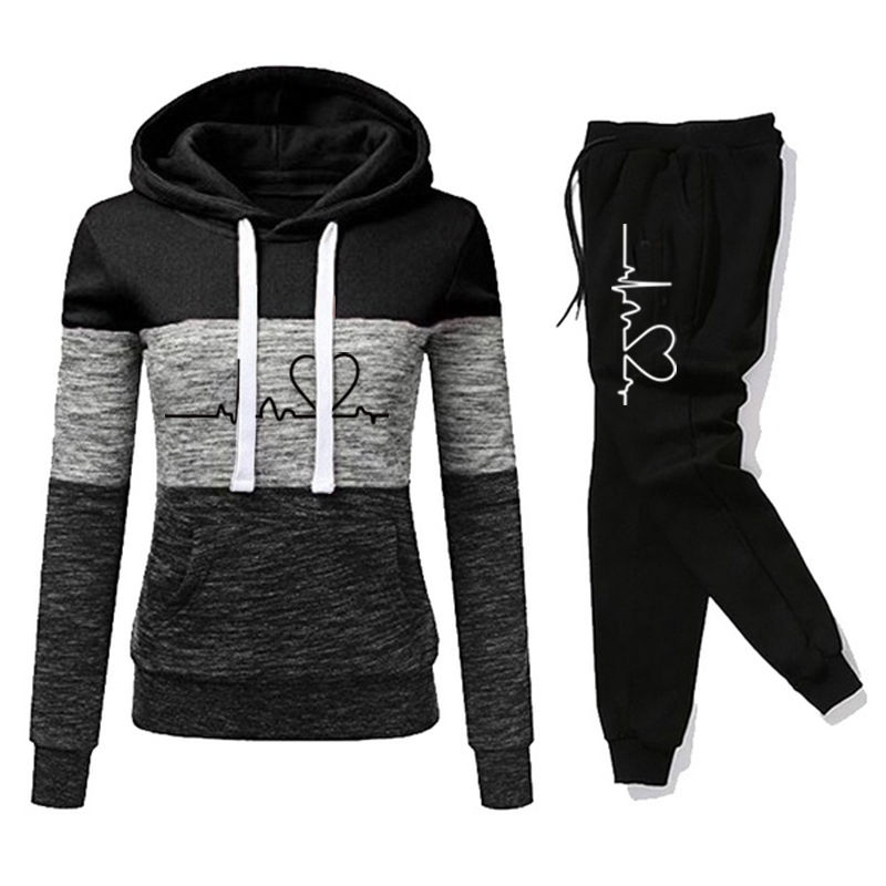 Thumbnail: Women Tracksuit Printing Hooded Sweatshirt Sweatpant Color Block Versatile Casua
