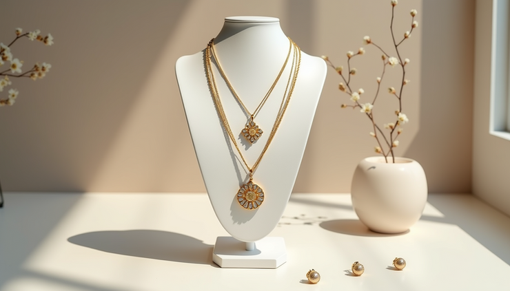 Eye-level view of a display with layered gold necklaces and matching earrings