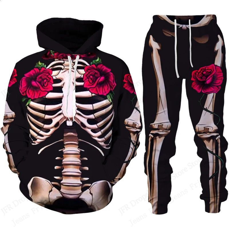 Thumbnail: Two Piece Hoodie Pant Sets Halloween Skull Skeleton 3d Print Sets Men Women Fash