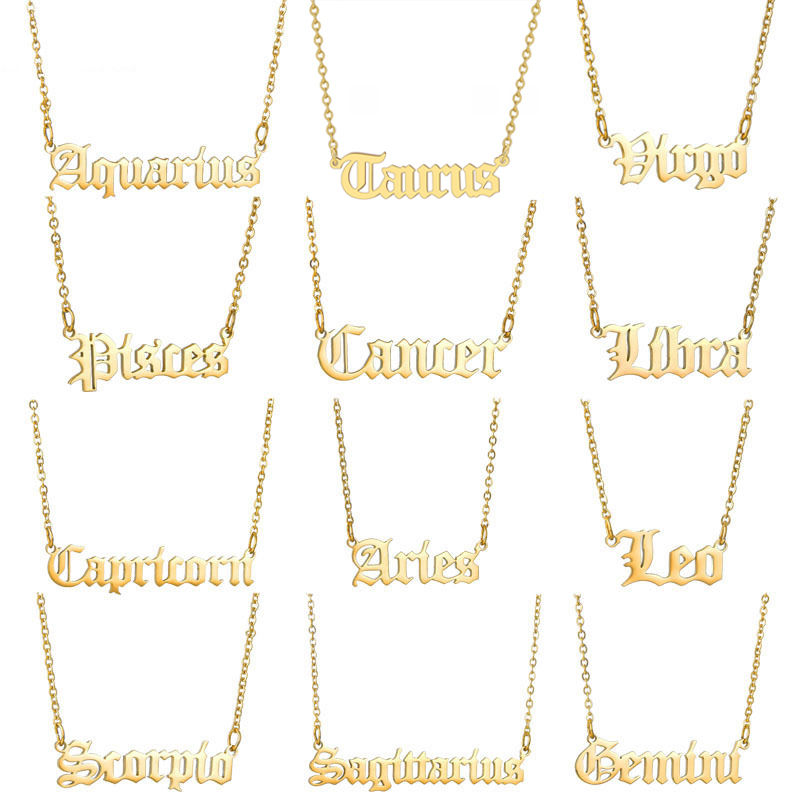 Fashion 12 Zodiac Sign Necklace Jewelry Stainless Steel Tarnish Free 18K Gold Si