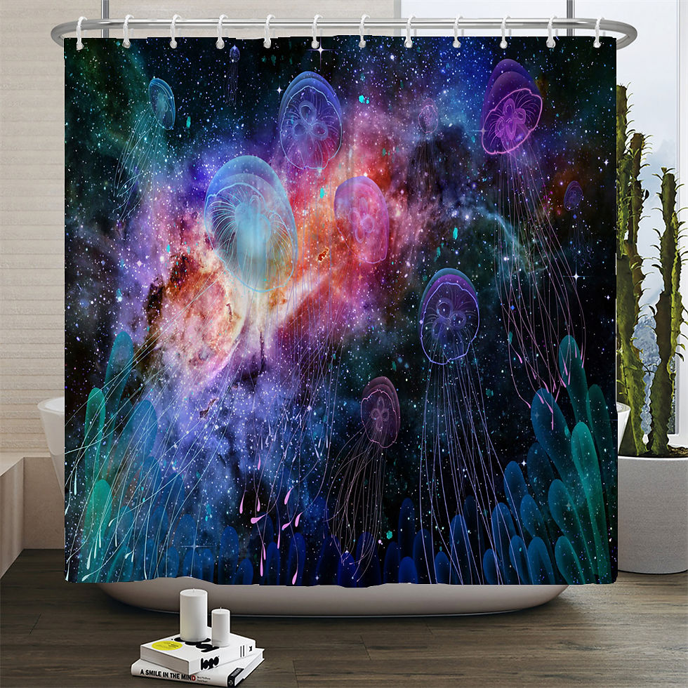 Thumbnail: Dream Starry Sky Ocean Jellyfish Bathroom Waterproof Shower Curtain Set with 12 