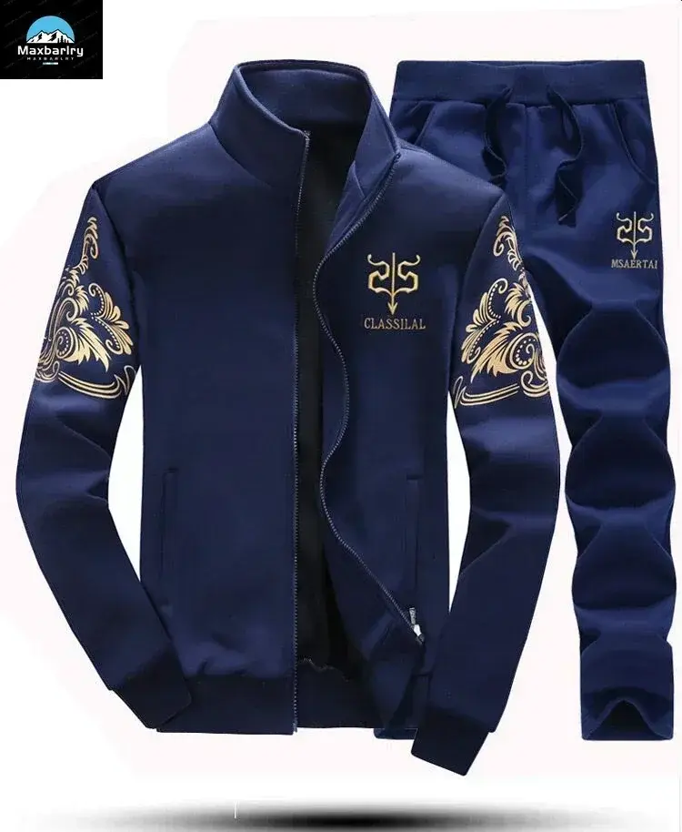 Thumbnail: Winter Men's Sports Suit with Fleece and Warm Standing Collar Jacket+men's Draws
