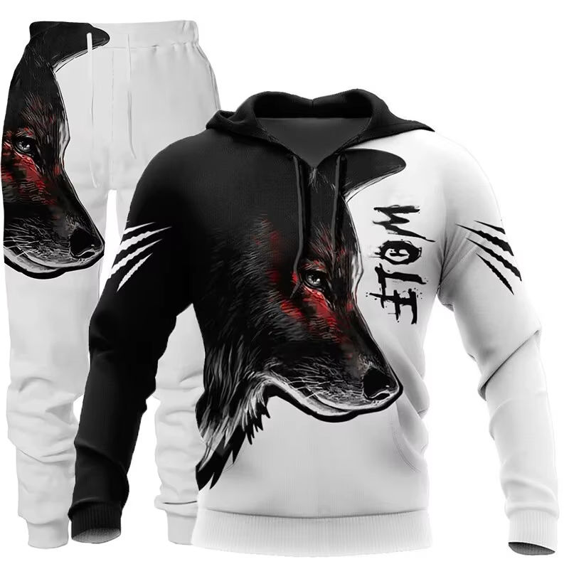 Thumbnail: Men Hoodie Pant Sets Vintage 3d Animal Wolf Viking Print Sets Men Women Fashion 