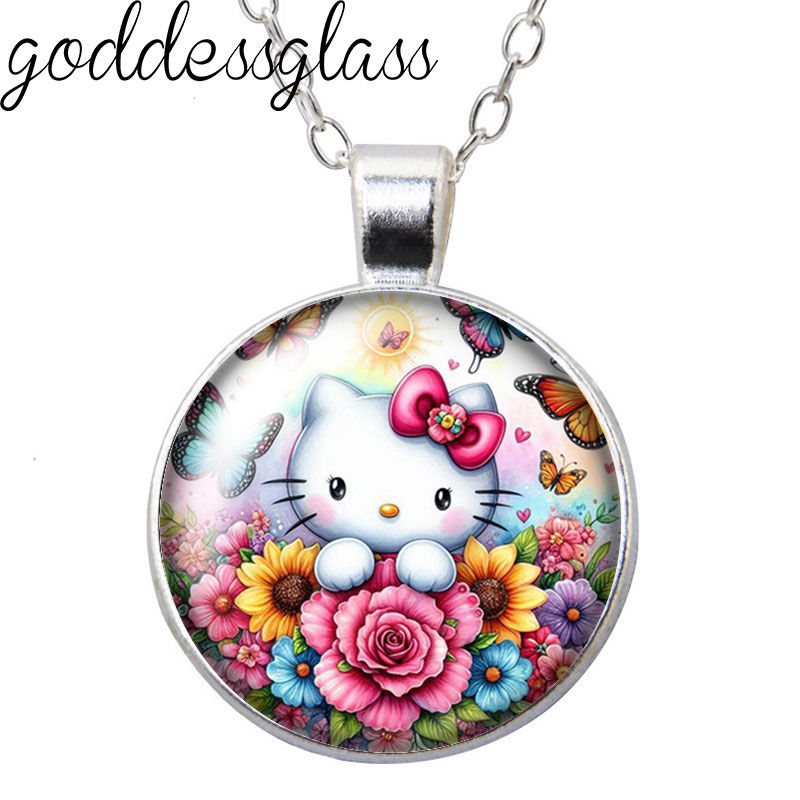 Thumbnail: Sanrio Hearts and Love Hello Kitty Rainbow Round Photo Glass cabochon silver pla