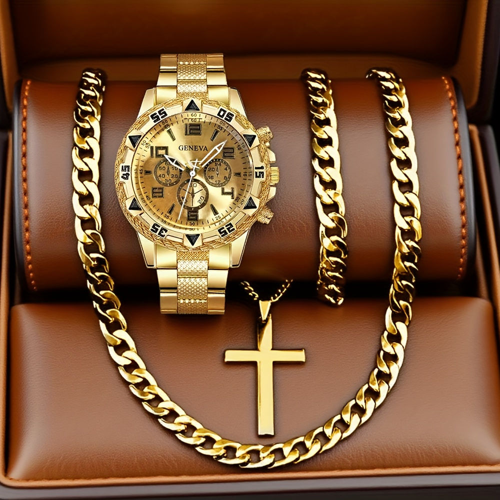 4pcs/set Men's Watches Fashion Arabic Dial Steel Band Quartz Watch Set