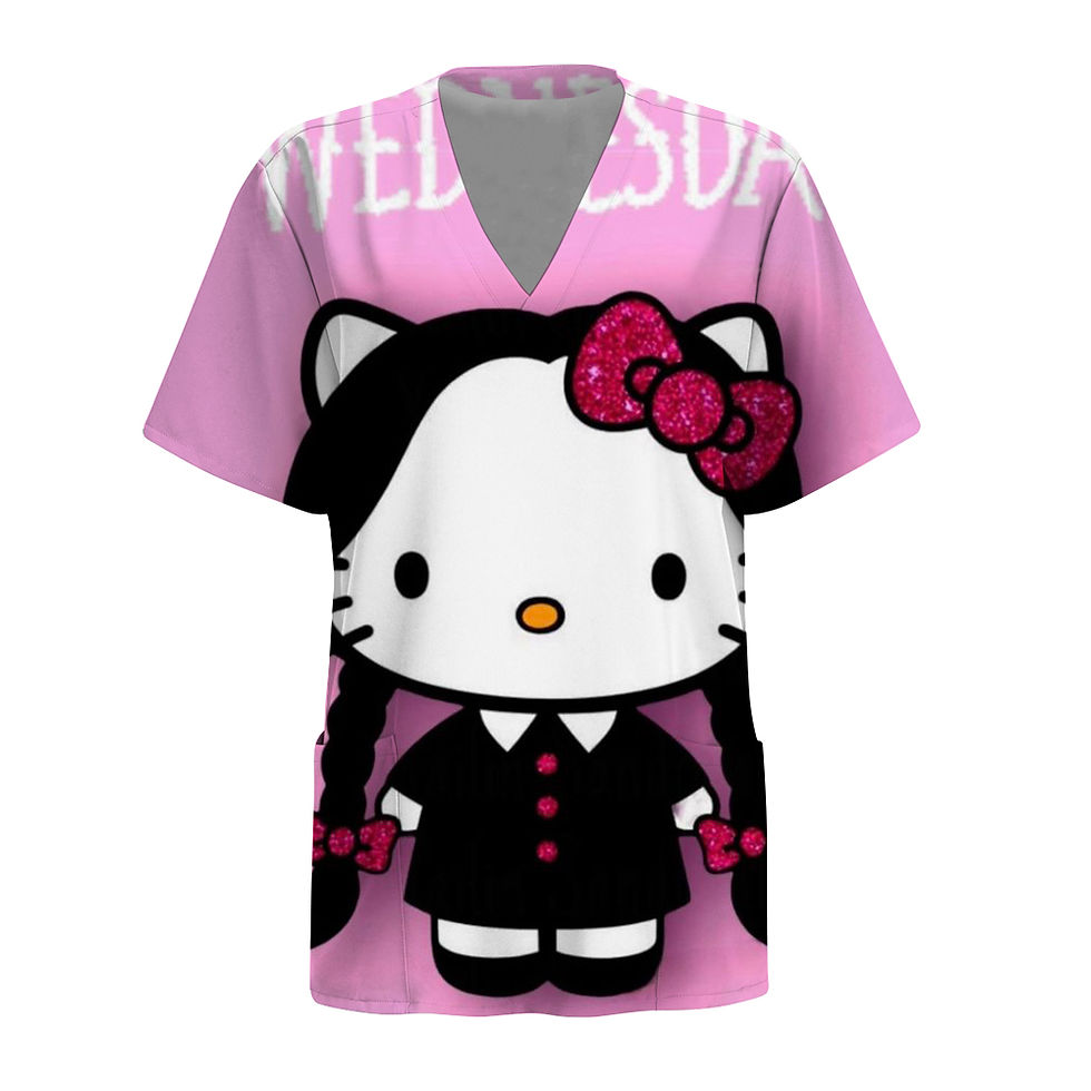 Thumbnail: Women's Hello Kitty Print V-neck Tops Short Sleeve Work Uniform Patch Pockets Me