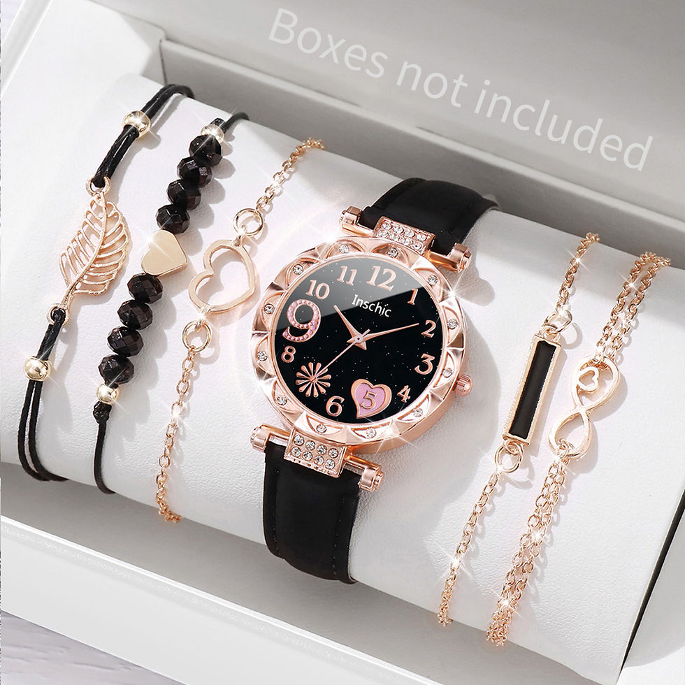 Thumbnail: 6PCS/Set Fashion Heart Dial Women's Watch Casual Leather Band Analog Quartz Watc