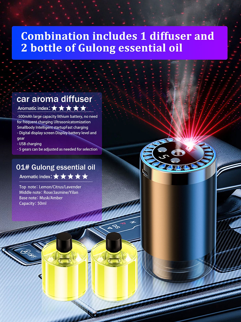 Thumbnail: Rechargeable car aroma diffuser, aromatic essential oil, colorful lights, romant
