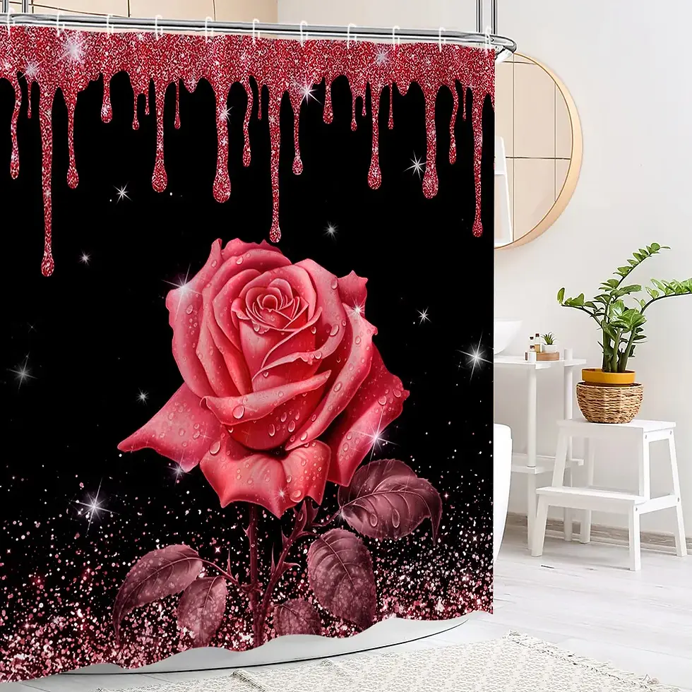 Thumbnail: Pink Glitter Rose Shower Curtain and Rug Bathroom Set Floral Pink Glitter Shower
