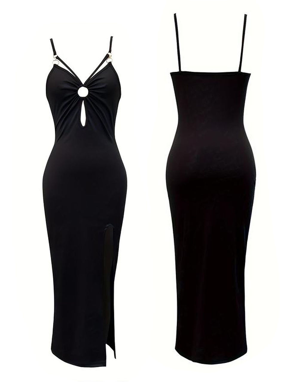 Thumbnail: Fashion Cut Out Ring Solid Cami Dress, Sexy Spaghetti Strap Backless Slim Split 