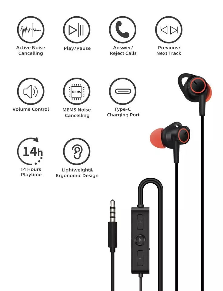 Thumbnail: Active Noise Cancelling 3.5mm Wired in-ear Earbuds with 14 Hours Playtime