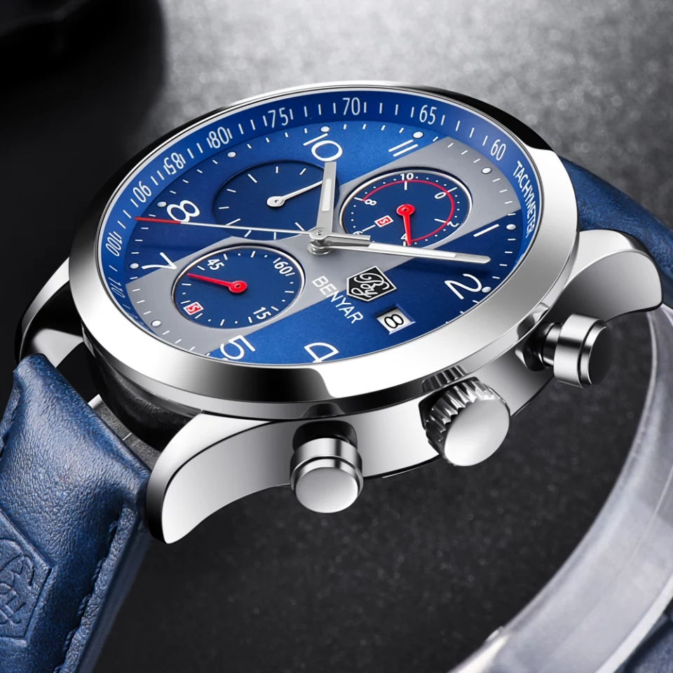 Thumbnail: BENYAR Fashion Chronograph Sport Watches Men leather Strap Brand Quartz Watch