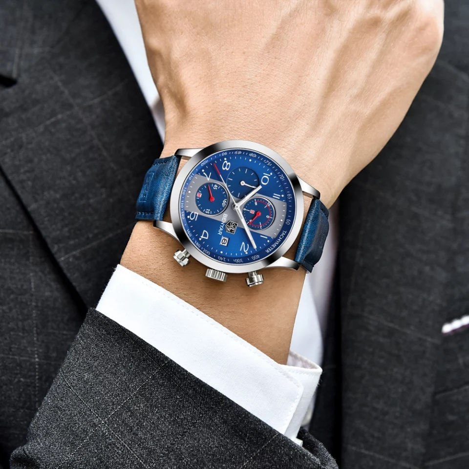 Thumbnail: BENYAR Fashion Chronograph Sport Watches Men leather Strap Brand Quartz Watch