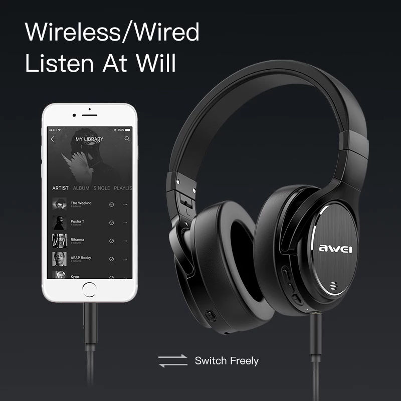 Thumbnail: AWEI A950BL ANC Active Noise Cancellig  Headphone HiFi Stereo Sound Wireless