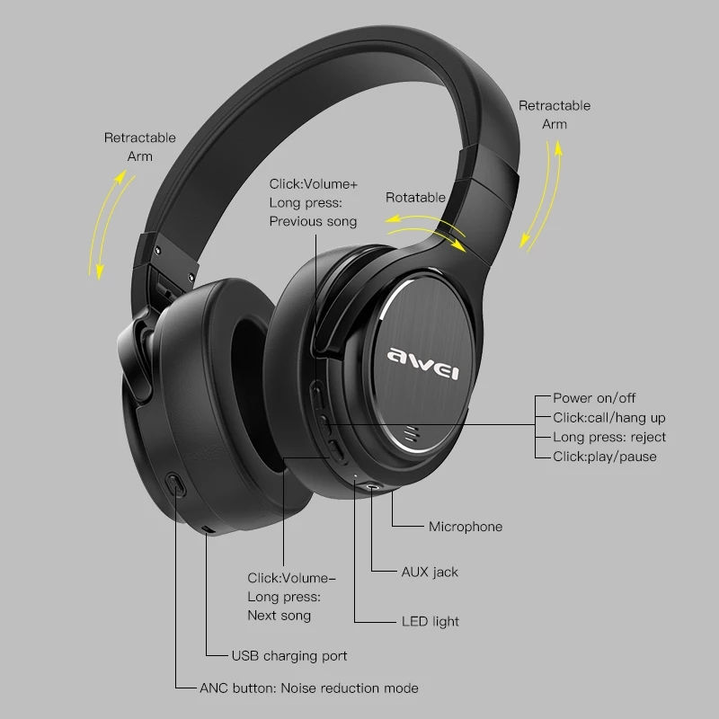 Imej kecil: AWEI A950BL ANC Bluetooth 5.0 Headphone Noise Cancelling Deep Bass