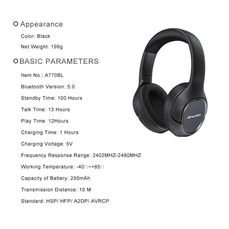 Thumbnail: awei A770BL Bluetooth Headphones Wireless Headset With Mic Foldable HiFi