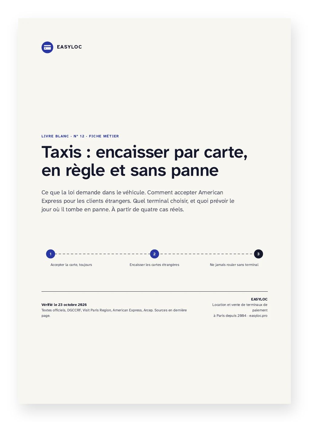 Couverture du guide « Taxis : encaisser par carte, en règle et sans panne », Easyloc, PDF de 8 pages