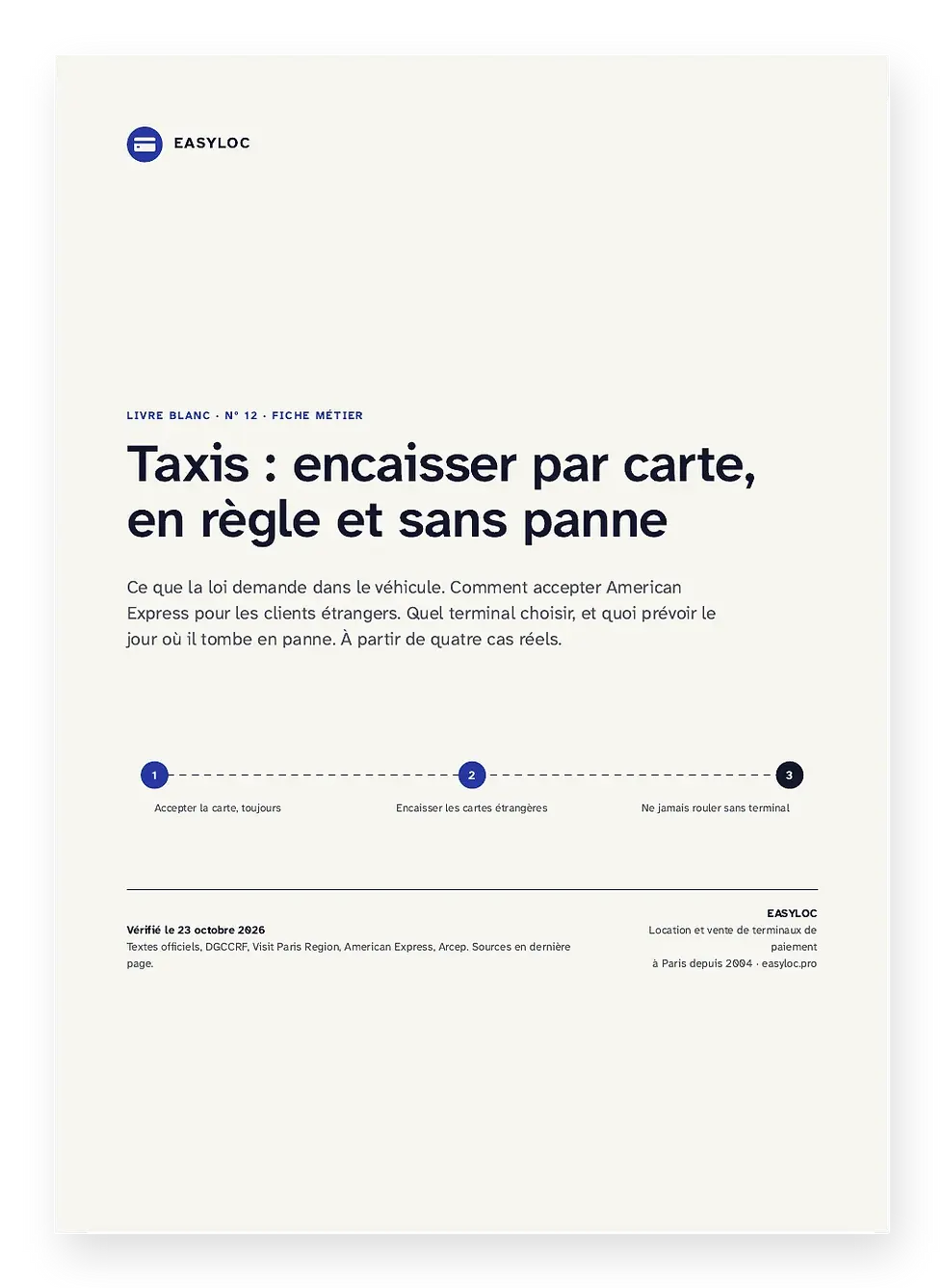 Couverture du guide « Taxis : encaisser par carte, en règle et sans panne », Easyloc, PDF de 8 pages