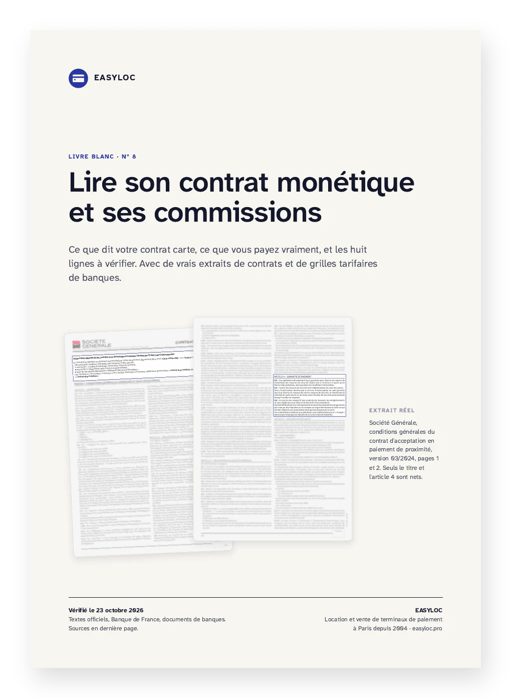 Couverture du guide « Lire son contrat monétique et ses commissions », Easyloc, PDF de 9 pages