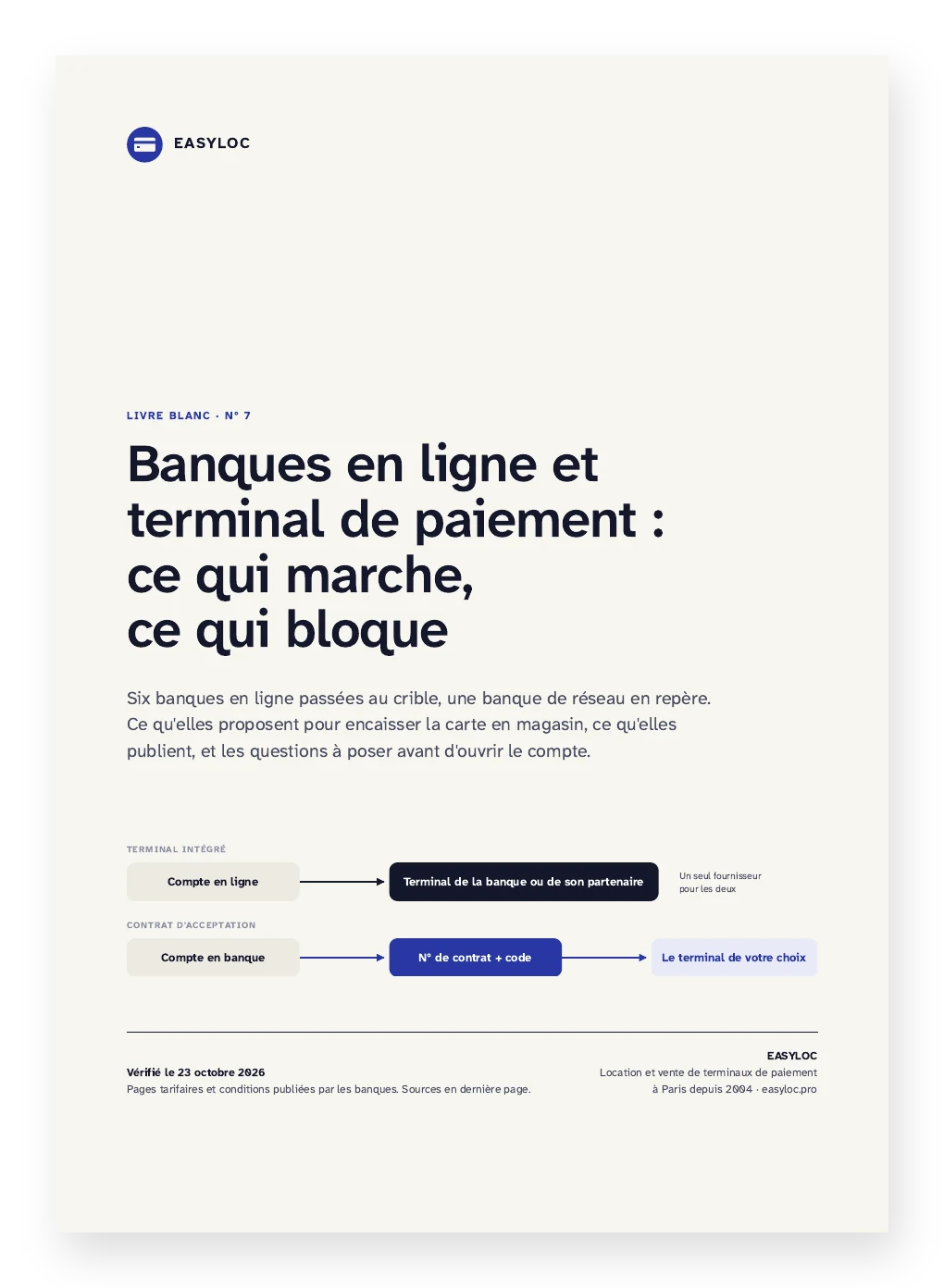 Couverture du guide « Banques en ligne et terminal de paiement : ce qui marche, ce qui bloque », Easyloc, PDF de 7 pages