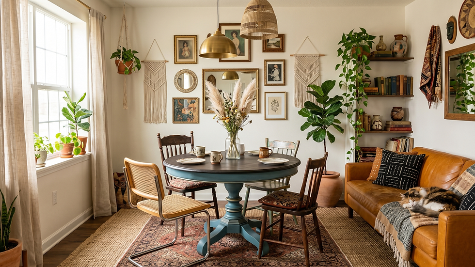 sala da jantar aconchegante com mesa de madeira restaurada em azul no centro. Cadeiras de diferentes tipos estão em volta da mesa. Há muitos quadros na parede, plantas decorativas e um sofá caramelo do lado direito.