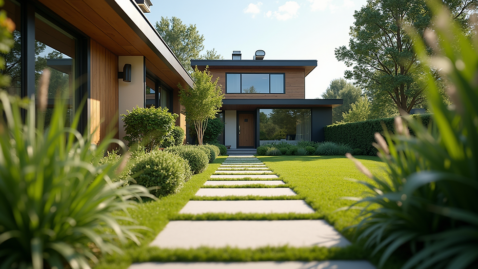 Eye-level view of a modern residential property with a well-maintained garden